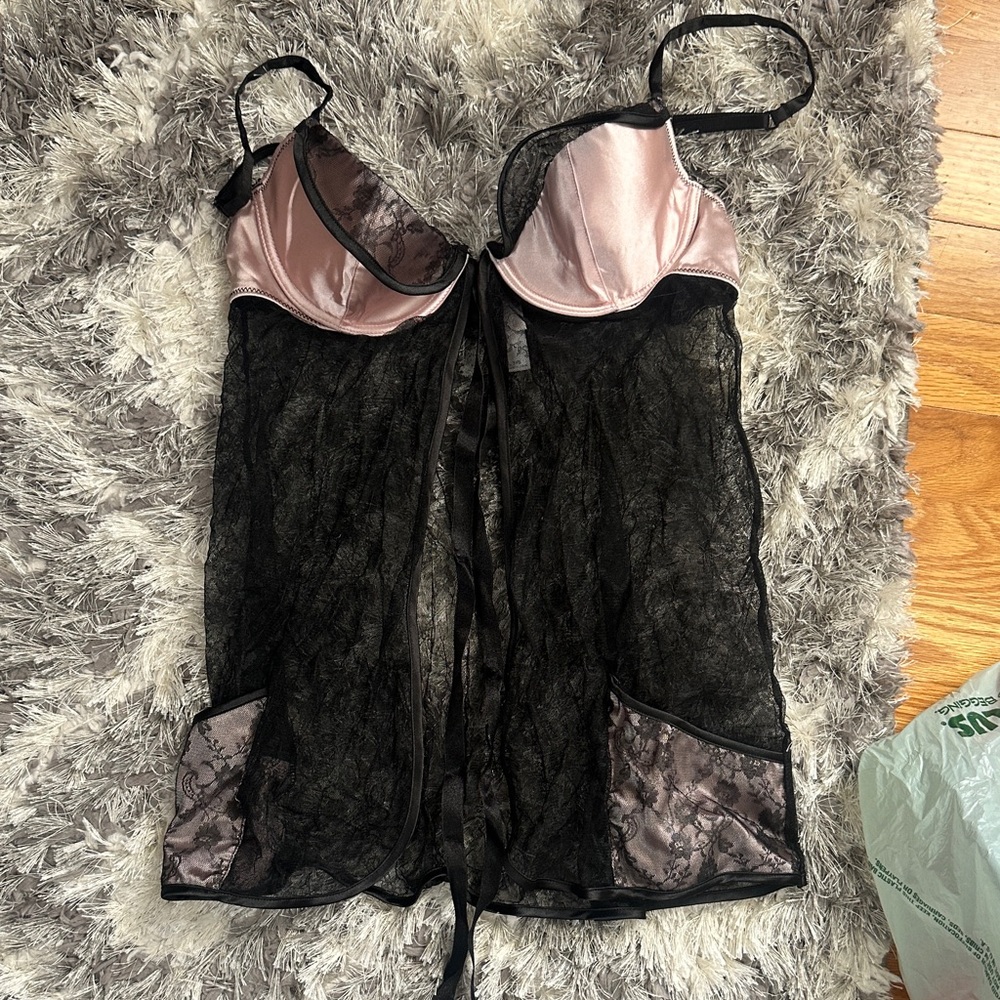 Sheer Black Lace Babydoll Chemise with Blush Satin Cups